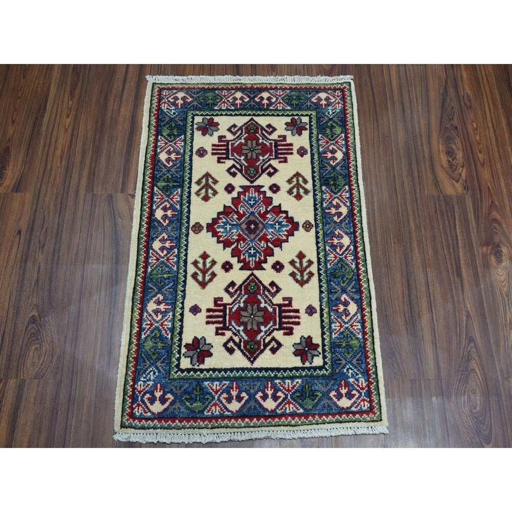 Shahbanu Rugs Ivory Geometric Design Kazak Pure Wool Hand-Knotted Oriental Rug (2'0" x 3'0") - 2'0" x 3'0"