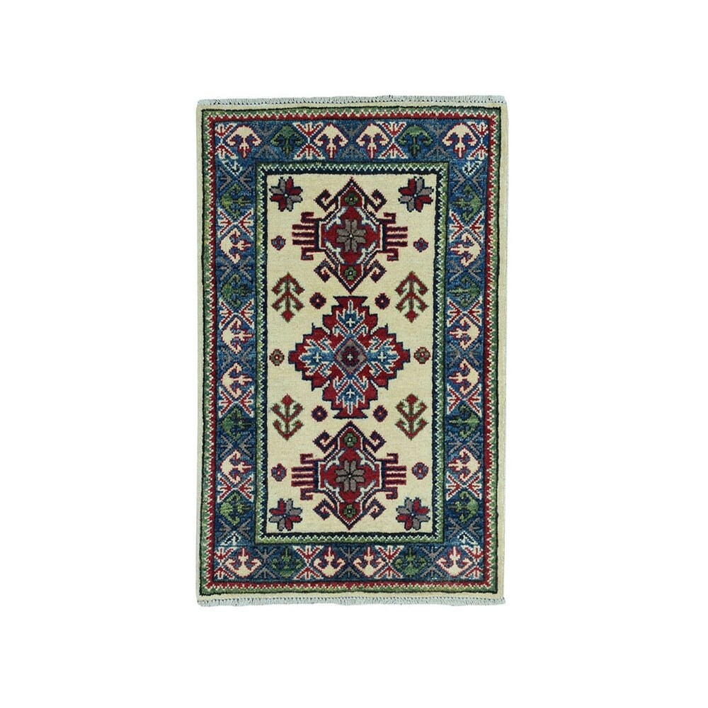 Shahbanu Rugs Ivory Geometric Design Kazak Pure Wool Hand-Knotted Oriental Rug (2'0" x 3'0") - 2'0" x 3'0"
