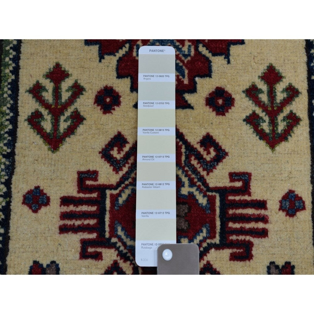 Shahbanu Rugs Ivory Geometric Design Kazak Pure Wool Hand-Knotted Oriental Rug (2'0" x 3'0") - 2'0" x 3'0"