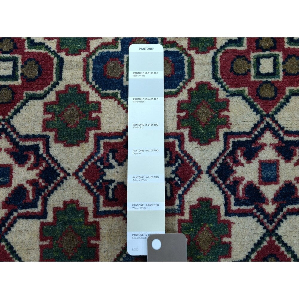 Shahbanu Rugs Ivory Geometric Design Kazak Runner Pure Wool Hand-Knotted Rug (2'9" x 9'8") - 2'9" x 9'8"