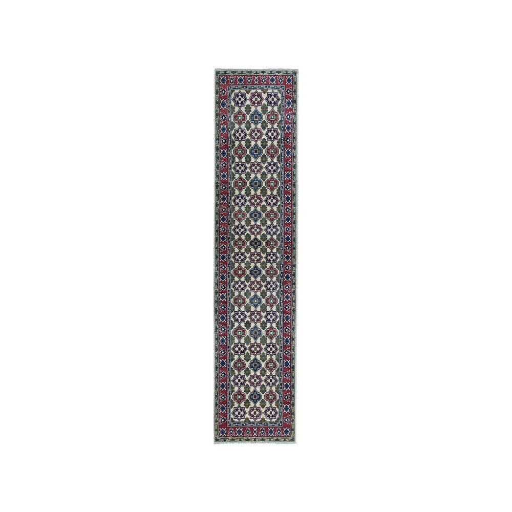 Shahbanu Rugs Ivory Geometric Design Kazak Runner Pure Wool Hand-Knotted Rug (2'9" x 9'8") - 2'9" x 9'8"