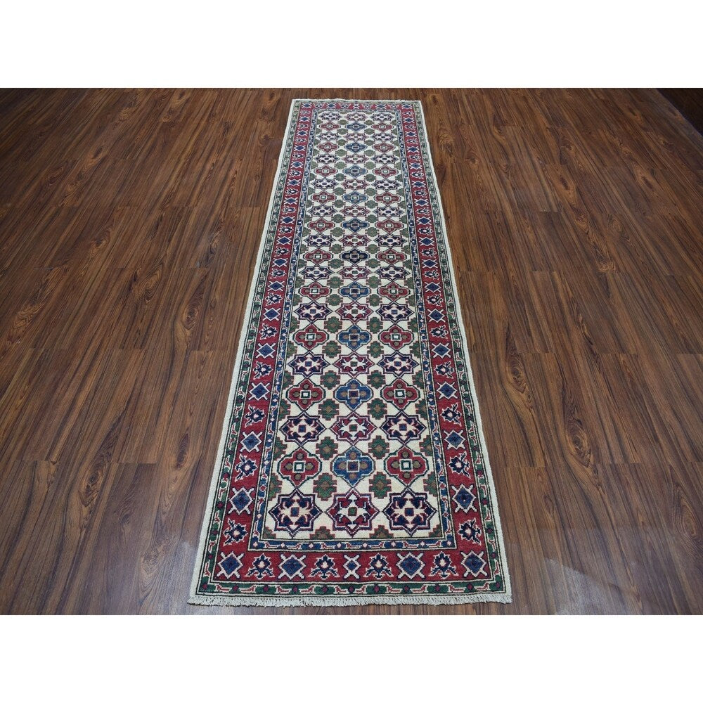 Shahbanu Rugs Ivory Geometric Design Kazak Runner Pure Wool Hand-Knotted Rug (2'9" x 9'8") - 2'9" x 9'8"