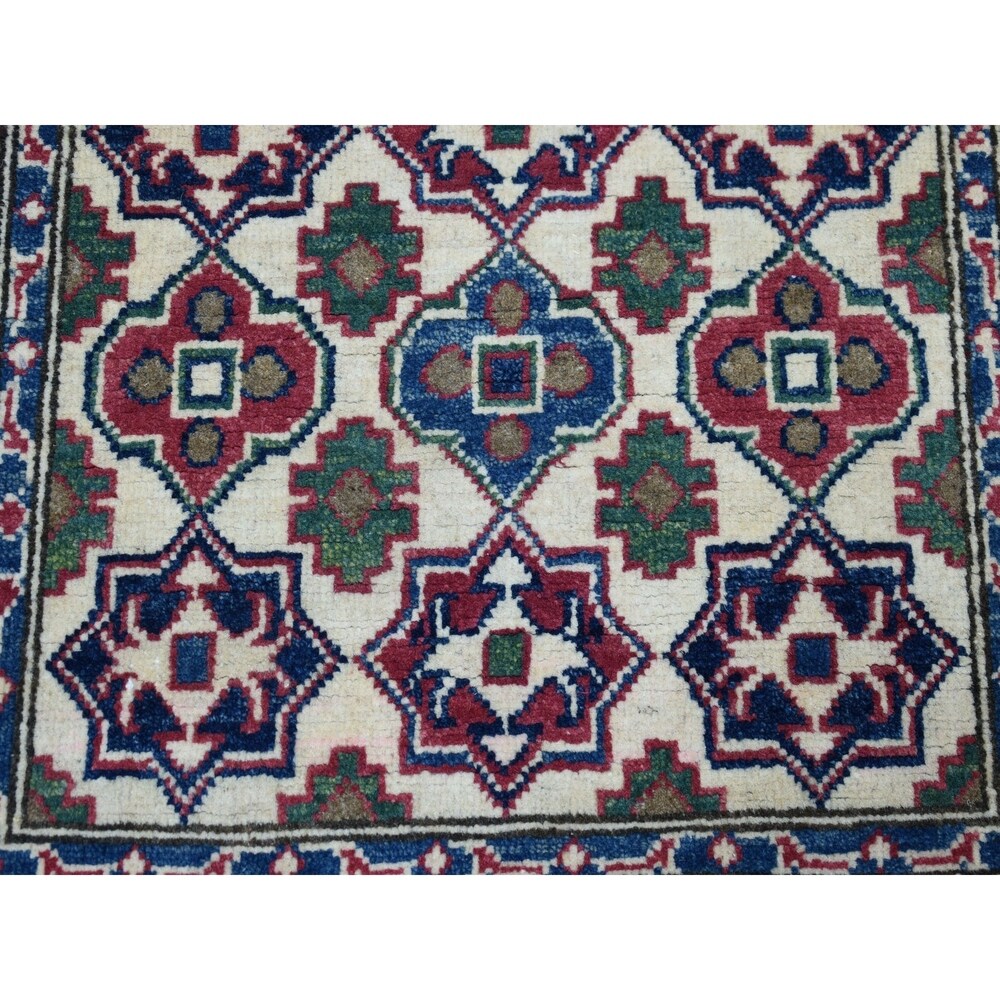 Shahbanu Rugs Ivory Geometric Design Kazak Runner Pure Wool Hand-Knotted Rug (2'9" x 9'8") - 2'9" x 9'8"