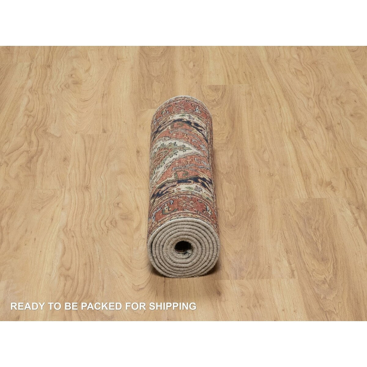 Shahbanu Rugs Ivory Pure Wool Antiqued Fine Heriz Re-Creation Hand Knotted Large Geometric Elements Runner Rug (2'6"x8'2")