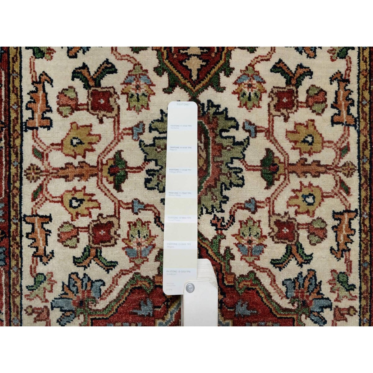 Shahbanu Rugs Ivory Pure Wool Antiqued Fine Heriz Re-Creation Hand Knotted Large Geometric Elements Runner Rug (2'6"x8'2")