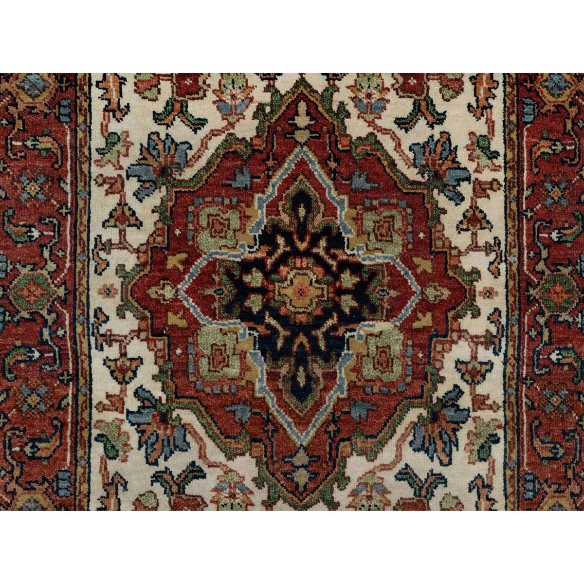 Shahbanu Rugs Ivory Pure Wool Antiqued Fine Heriz Re-Creation Hand Knotted Large Geometric Elements Runner Rug (2'6"x8'2")