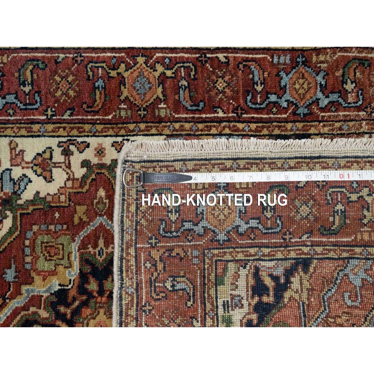 Shahbanu Rugs Ivory Pure Wool Antiqued Fine Heriz Re-Creation Hand Knotted Large Geometric Elements Runner Rug (2'6"x8'2")