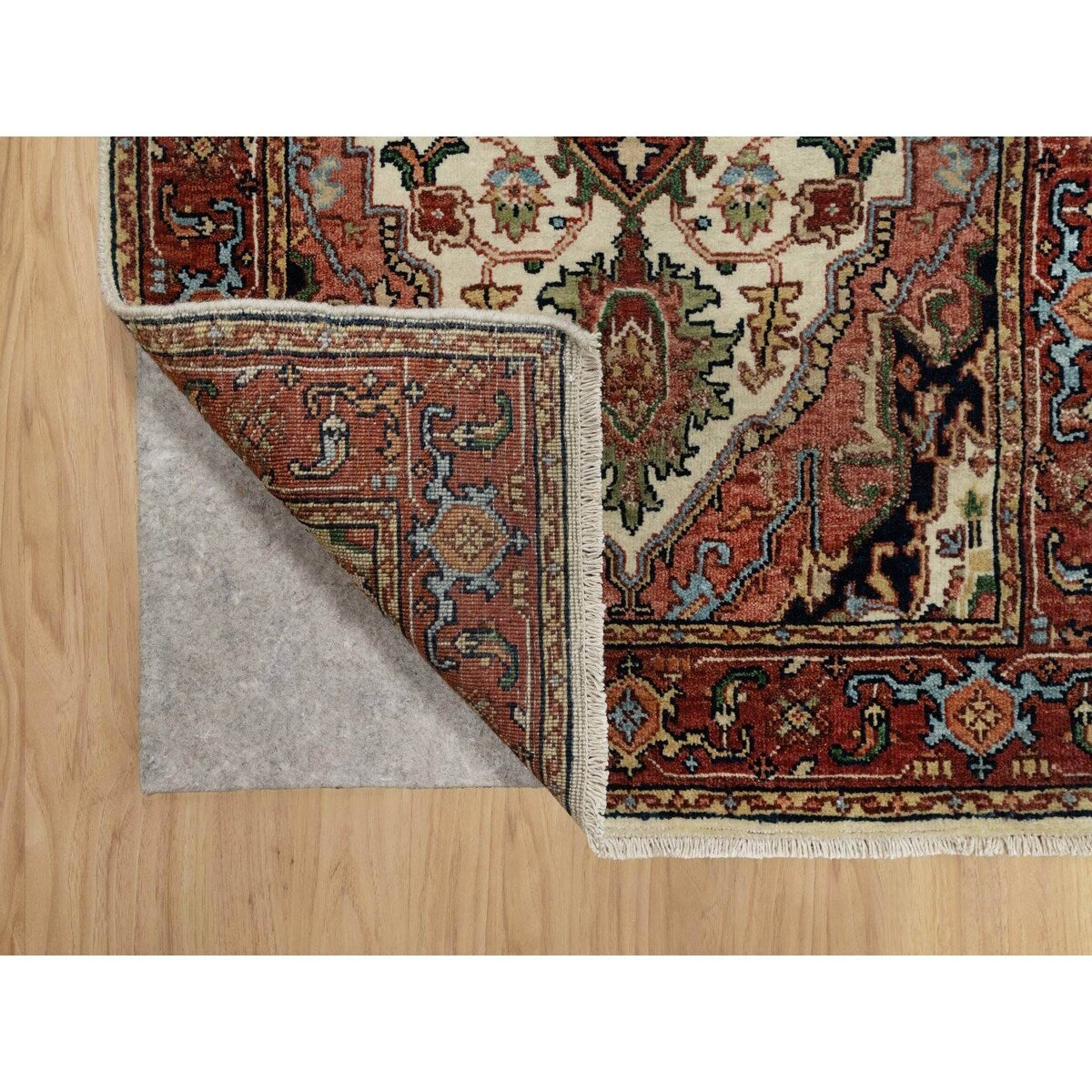 Shahbanu Rugs Ivory Pure Wool Antiqued Fine Heriz Re-Creation Hand Knotted Large Geometric Elements Runner Rug (2'6"x8'2")