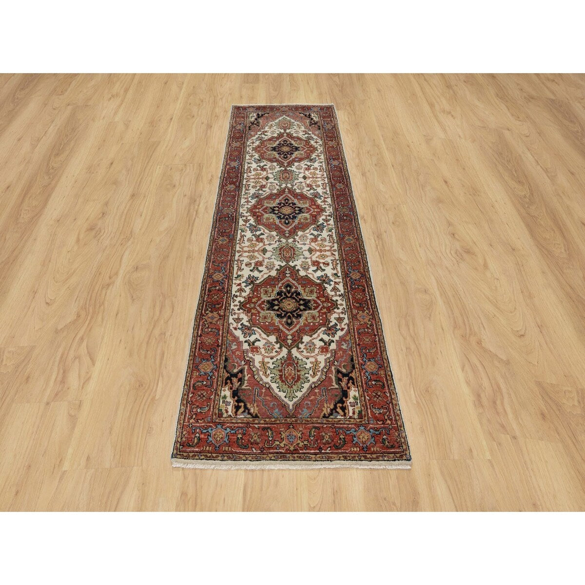 Shahbanu Rugs Ivory Pure Wool Antiqued Fine Heriz Re-Creation Hand Knotted Large Geometric Elements Runner Rug (2'6"x8'2")