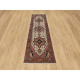 Shahbanu Rugs Ivory Pure Wool Antiqued Fine Heriz Re-Creation Hand Knotted Large Geometric Elements Runner Rug (2'6"x8'2")