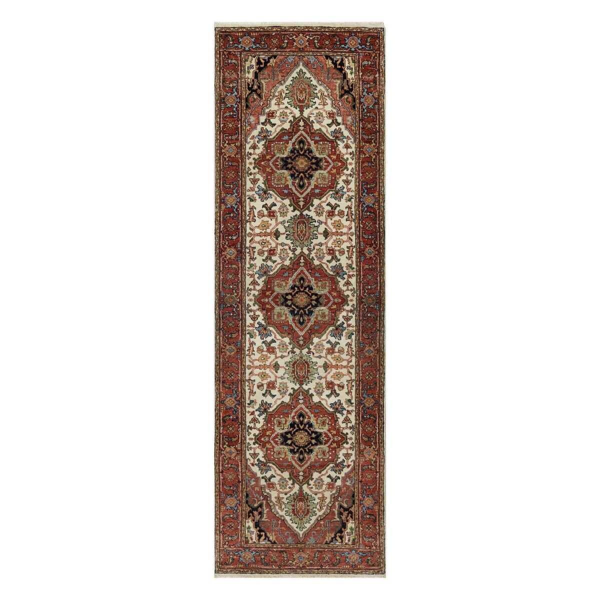 Shahbanu Rugs Ivory Pure Wool Antiqued Fine Heriz Re-Creation Hand Knotted Large Geometric Elements Runner Rug (2'6"x8'2")