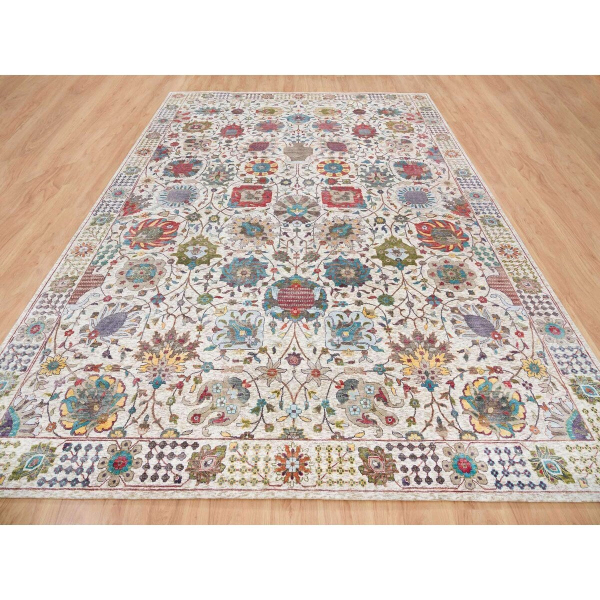 Shahbanu Rugs Ivory Tabriz Vase Flower Design Silk Textured Wool Hand Knotted Dense Weave Soft and Lush Rug (10'2" x 14'3")