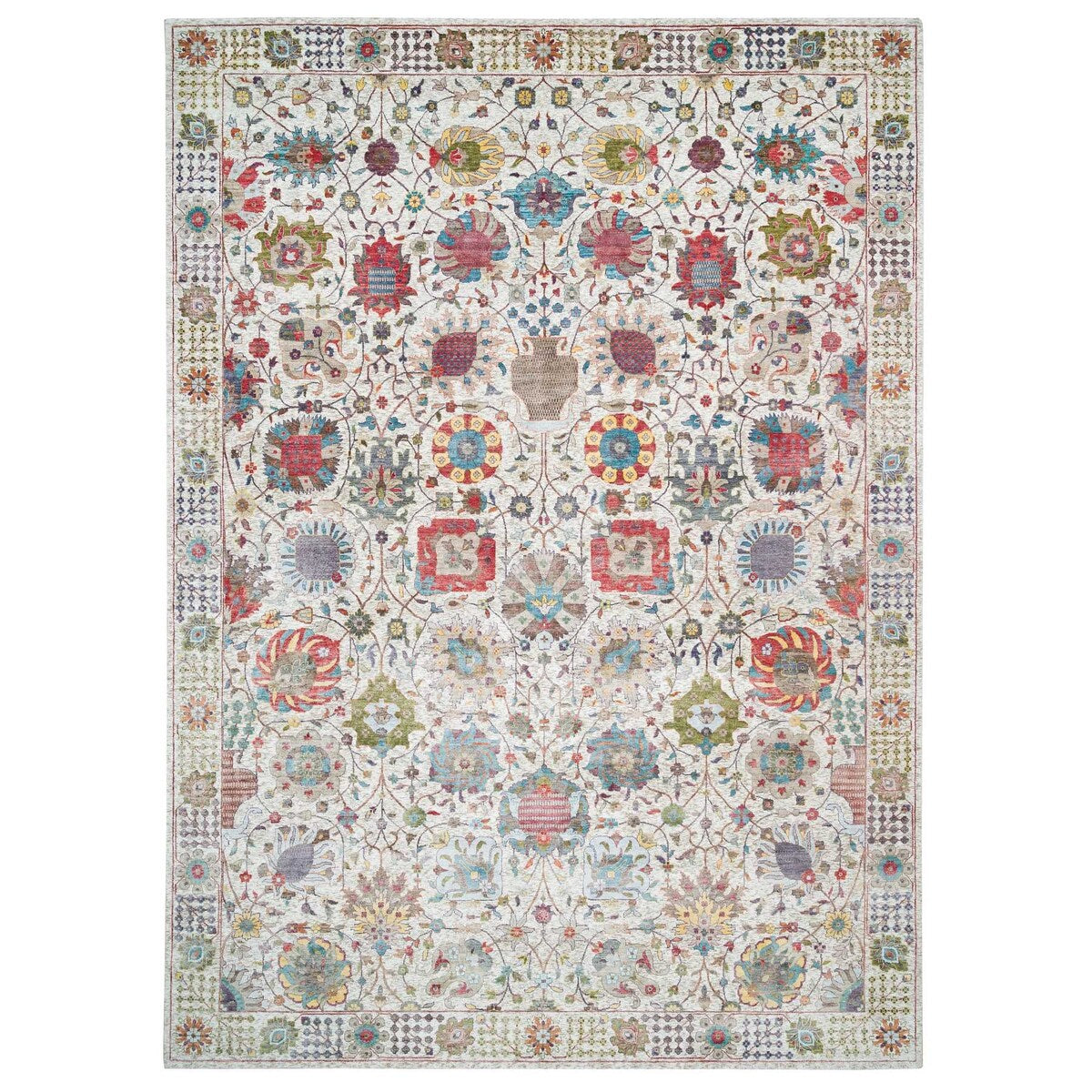 Shahbanu Rugs Ivory Tabriz Vase Flower Design Silk Textured Wool Hand Knotted Dense Weave Soft and Lush Rug (10'2" x 14'3")