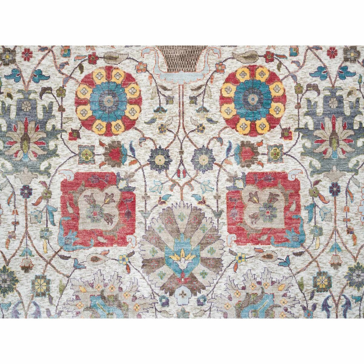 Shahbanu Rugs Ivory Tabriz Vase Flower Design Silk Textured Wool Hand Knotted Dense Weave Soft and Lush Rug (10'2" x 14'3")