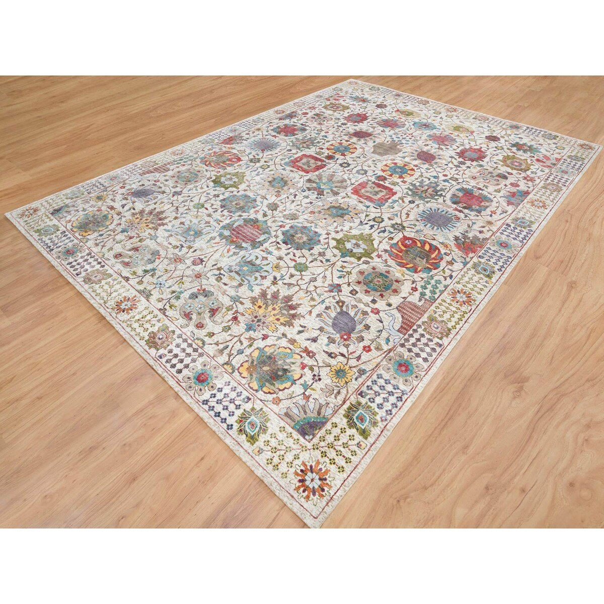 Shahbanu Rugs Ivory Tabriz Vase Flower Design Silk Textured Wool Hand Knotted Dense Weave Soft and Lush Rug (10'2" x 14'3")