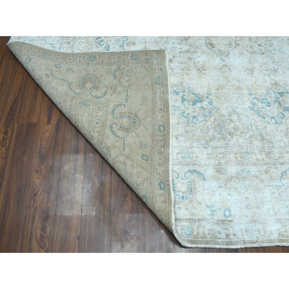 Shahbanu Rugs Ivory Vintage White Wash Tabriz Worn Wool Hand-Knotted Oriental Rug (9'6" x 13'0") - 9'6" x 13'0"