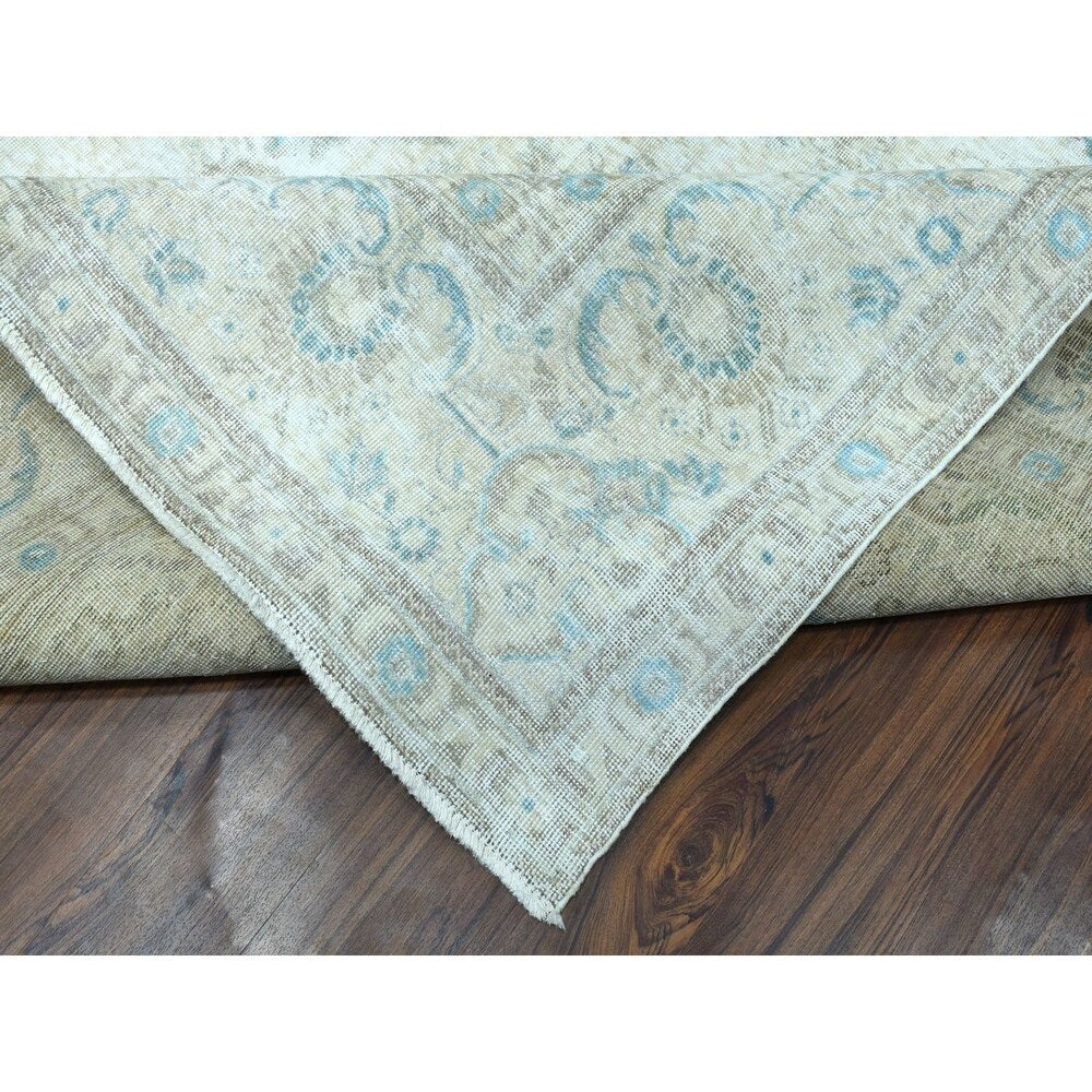 Shahbanu Rugs Ivory Vintage White Wash Tabriz Worn Wool Hand-Knotted Oriental Rug (9'6" x 13'0") - 9'6" x 13'0"
