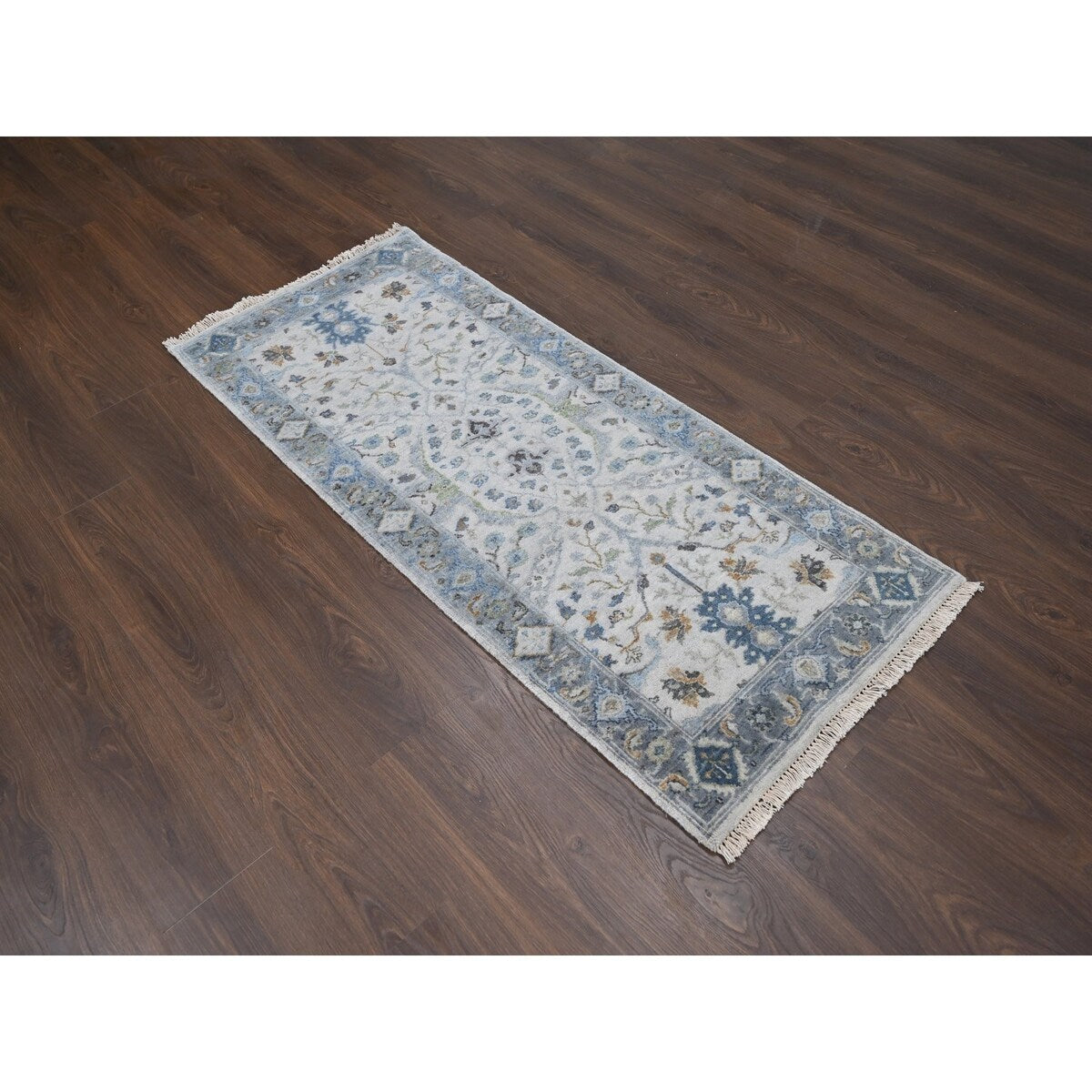 Shahbanu Rugs Ivory, Dense Weave Wool, Hand Knotted Ushak with All Over Design, Runner Oriental Rug (2'6" x 6'0") - 2'6" x 6'0"