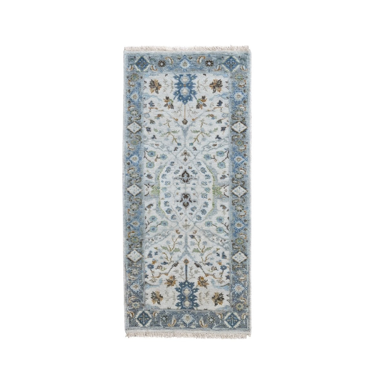 Shahbanu Rugs Ivory, Dense Weave Wool, Hand Knotted Ushak with All Over Design, Runner Oriental Rug (2'6" x 6'0") - 2'6" x 6'0"