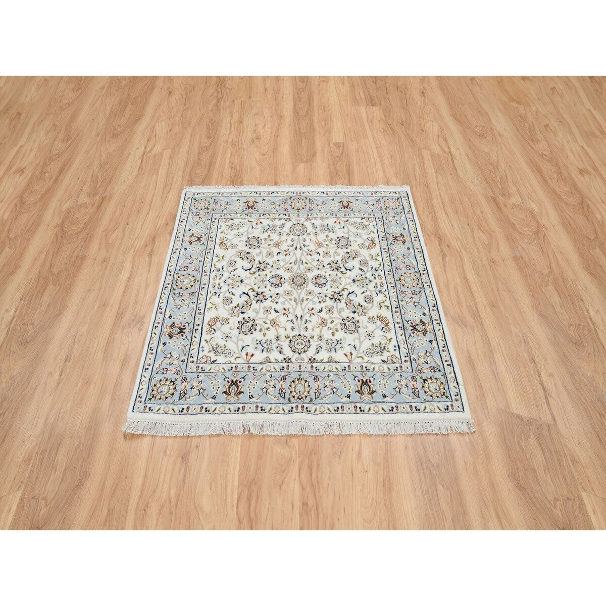 Shahbanu Rugs Ivory, Nain with All Over Flower Design 250 KPSI, Wool and Silk Hand Knotted, Square Oriental Rug (4'0" x 4'1")