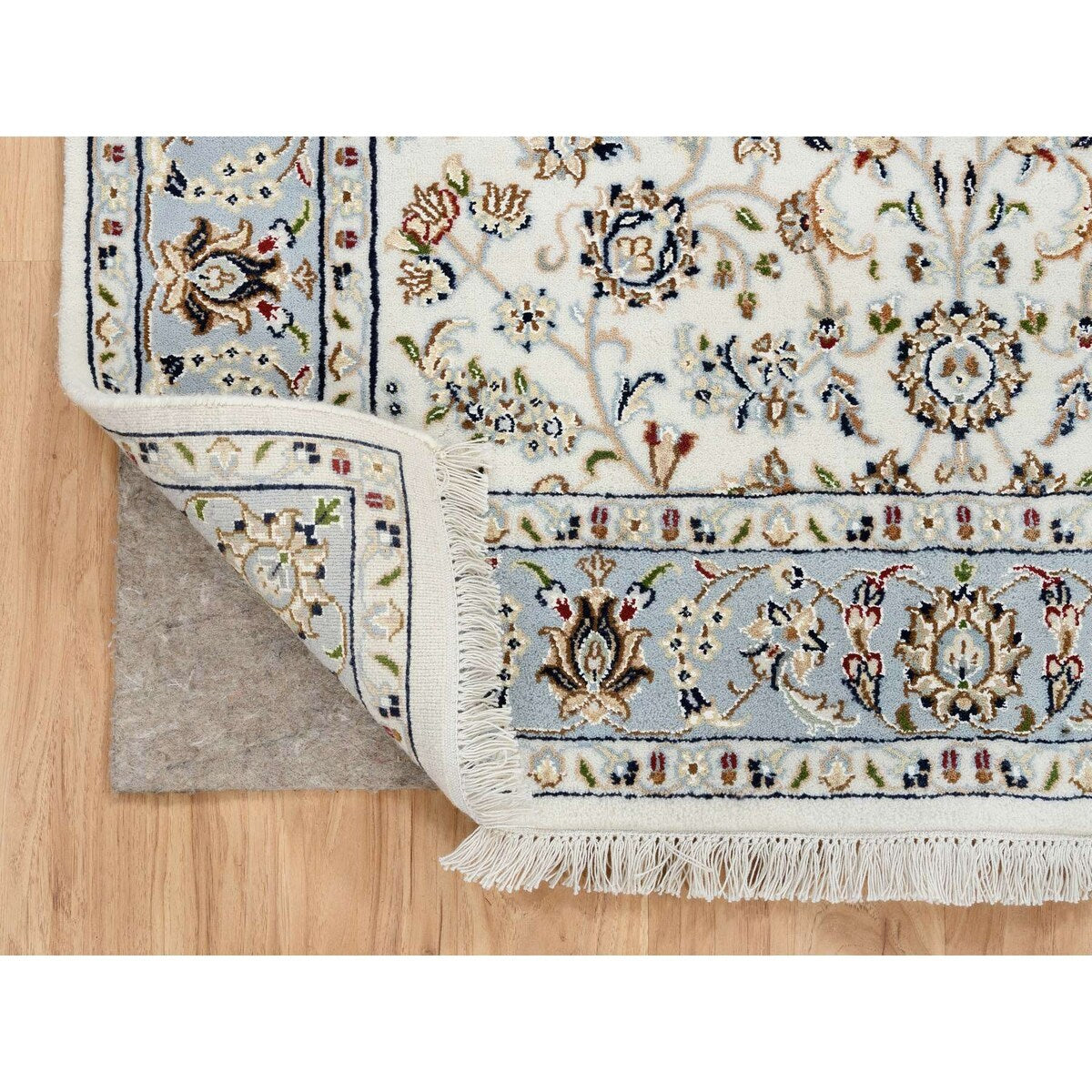 Shahbanu Rugs Ivory, Nain with All Over Flower Design 250 KPSI, Wool and Silk Hand Knotted, Square Oriental Rug (4'0" x 4'1")