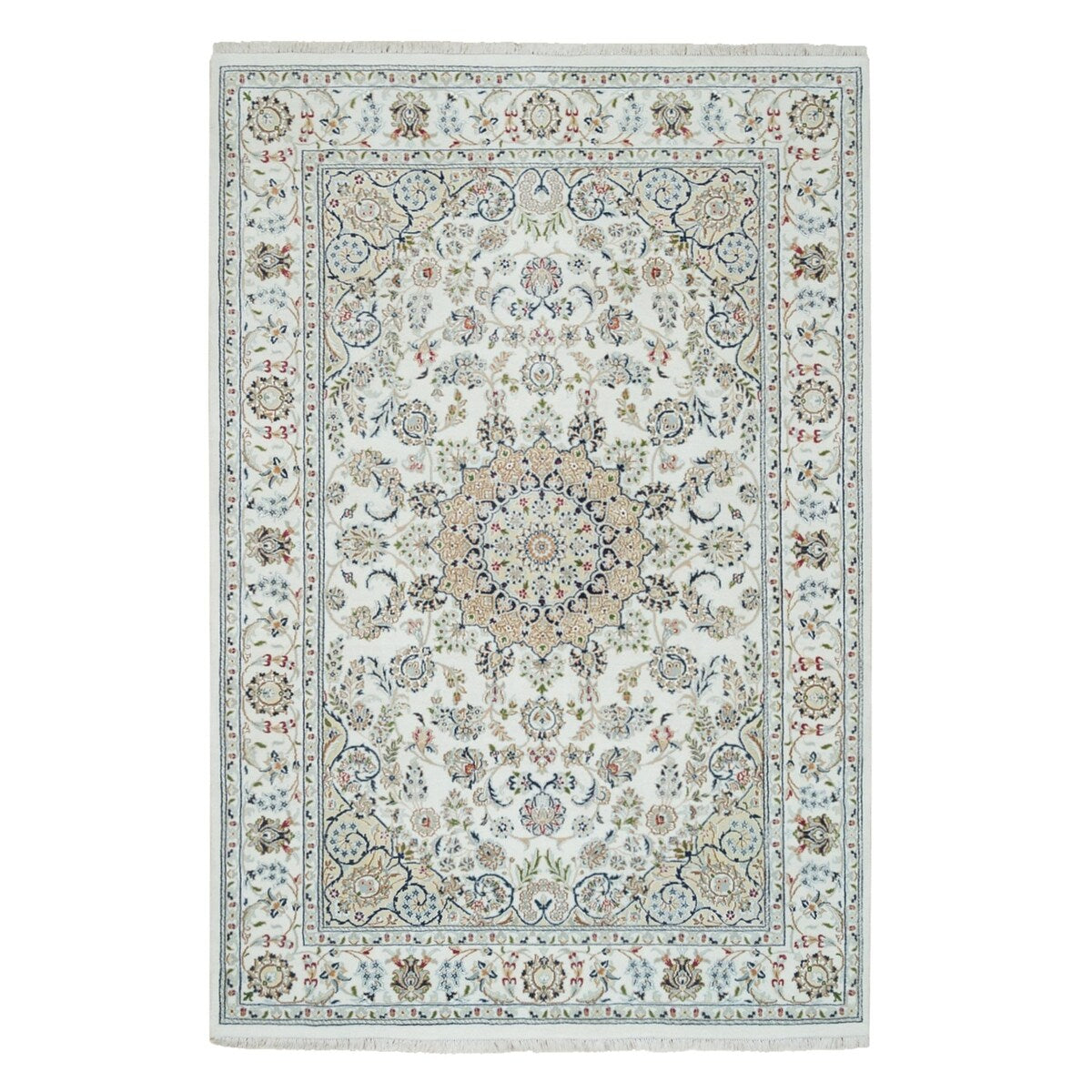 Shahbanu Rugs Ivory, Nain with Center Medallion Flower Design 250 KPSI, Pure Wool Hand Knotted, Oriental Rug (6'1" x 9'4")