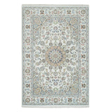 Shahbanu Rugs Ivory, Nain with Center Medallion Flower Design 250 KPSI, Pure Wool Hand Knotted, Oriental Rug (6'1" x 9'4")