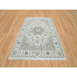Shahbanu Rugs Ivory, Nain with Center Medallion Flower Design 250 KPSI, Pure Wool Hand Knotted, Oriental Rug (6'1" x 9'4")