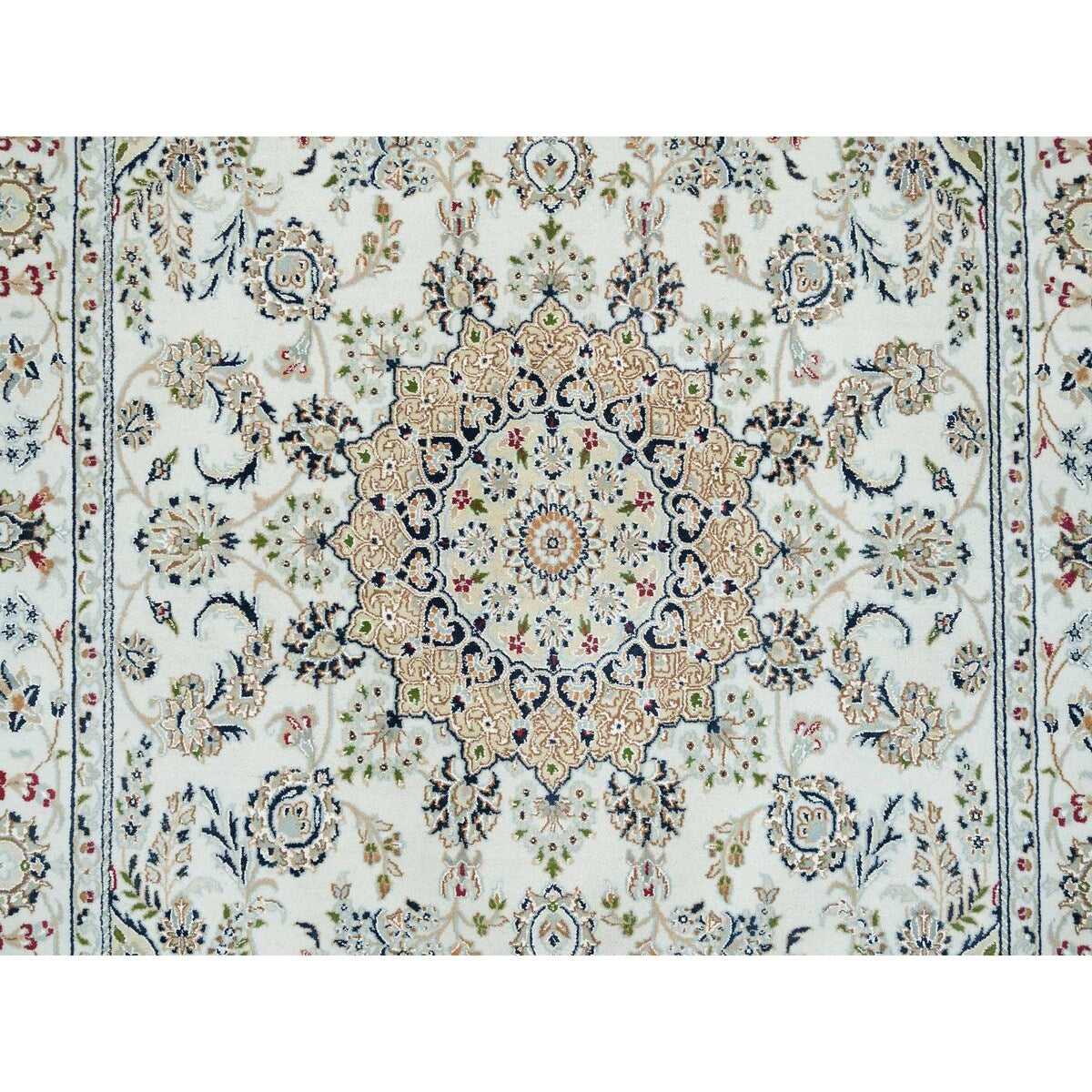 Shahbanu Rugs Ivory, Nain with Center Medallion Flower Design 250 KPSI, Pure Wool Hand Knotted, Oriental Rug (6'1" x 9'4")