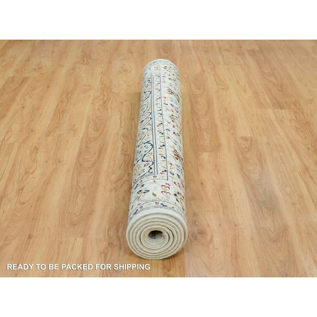 Shahbanu Rugs Ivory, Nain with Center Medallion Flower Design 250 KPSI, Pure Wool Hand Knotted, Oriental Rug (6'1" x 9'4")