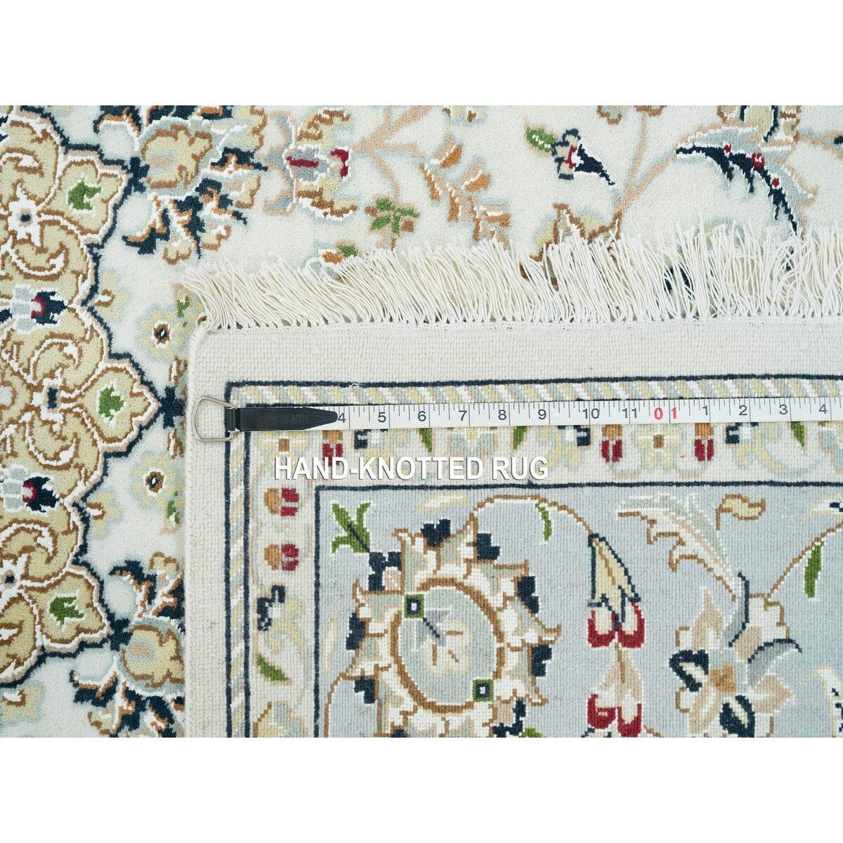 Shahbanu Rugs Ivory, Nain with Center Medallion Flower Design, 250 KPSI, 100% Wool, Hand Knotted, Oriental Rug (6'2" x 9'1")