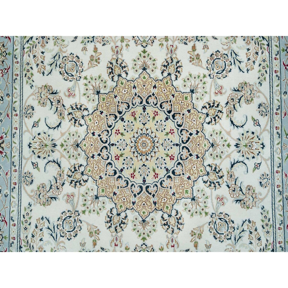 Shahbanu Rugs Ivory, Nain with Center Medallion Flower Design, 250 KPSI, 100% Wool, Hand Knotted, Oriental Rug (6'2" x 9'1")