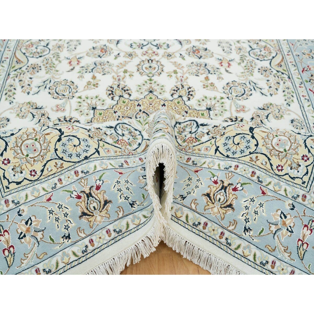 Shahbanu Rugs Ivory, Nain with Center Medallion Flower Design, 250 KPSI, 100% Wool, Hand Knotted, Oriental Rug (6'2" x 9'1")