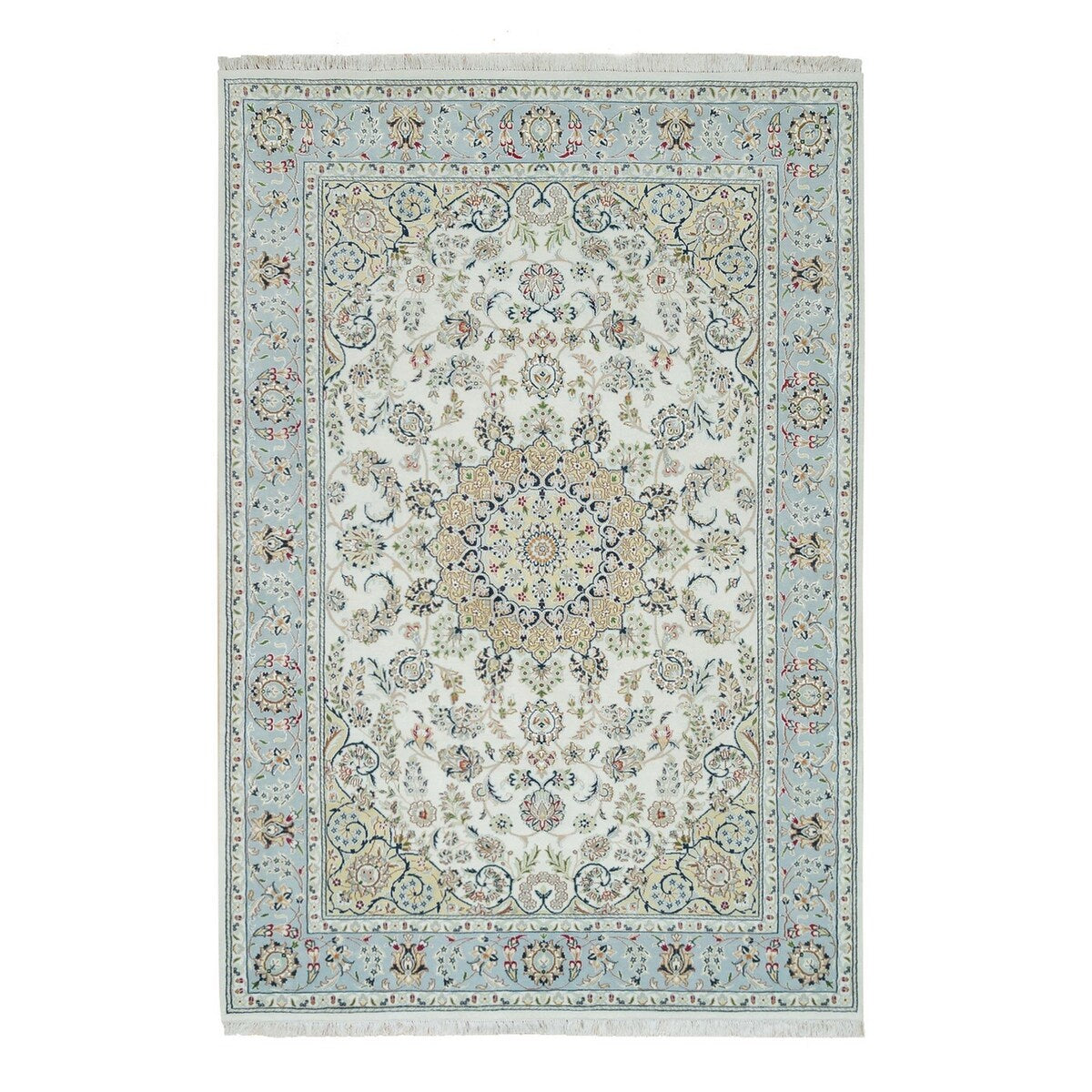 Shahbanu Rugs Ivory, Nain with Center Medallion Flower Design, 250 KPSI, 100% Wool, Hand Knotted, Oriental Rug (6'2" x 9'1")