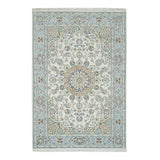 Shahbanu Rugs Ivory, Nain with Center Medallion Flower Design, 250 KPSI, 100% Wool, Hand Knotted, Oriental Rug (6'2" x 9'1")