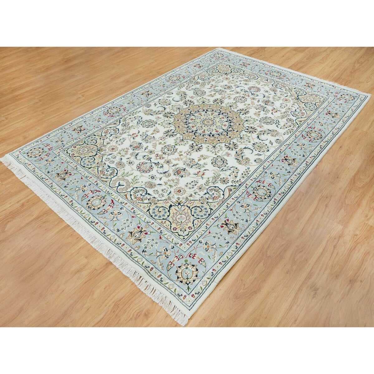 Shahbanu Rugs Ivory, Nain with Center Medallion Flower Design, 250 KPSI, 100% Wool, Hand Knotted, Oriental Rug (6'2" x 9'1")