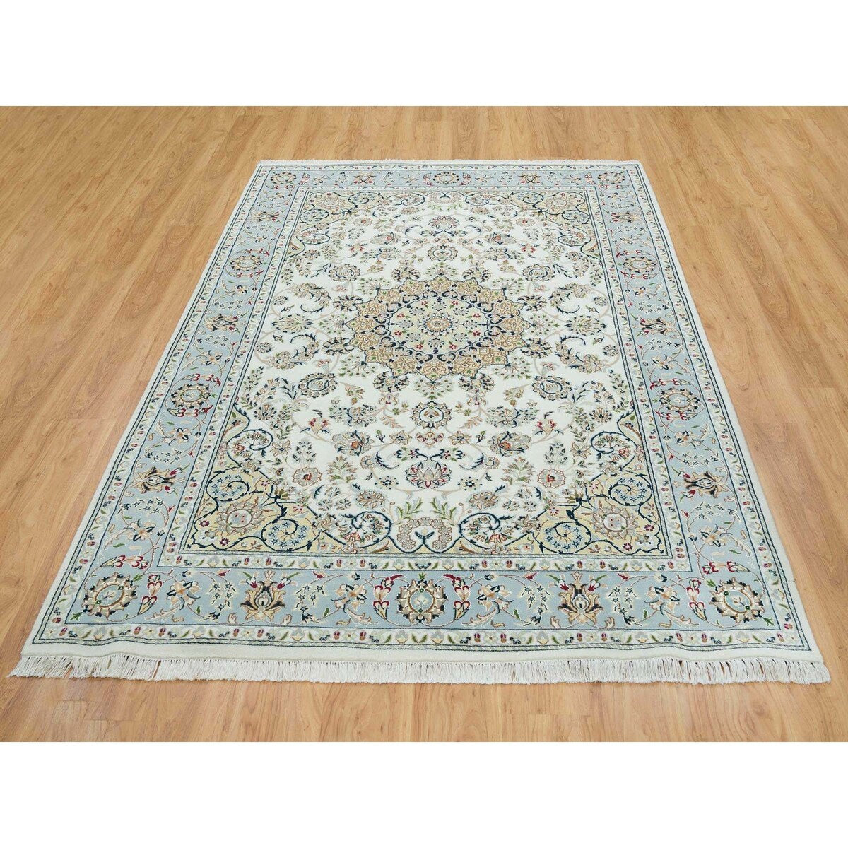 Shahbanu Rugs Ivory, Nain with Center Medallion Flower Design, 250 KPSI, 100% Wool, Hand Knotted, Oriental Rug (6'2" x 9'1")