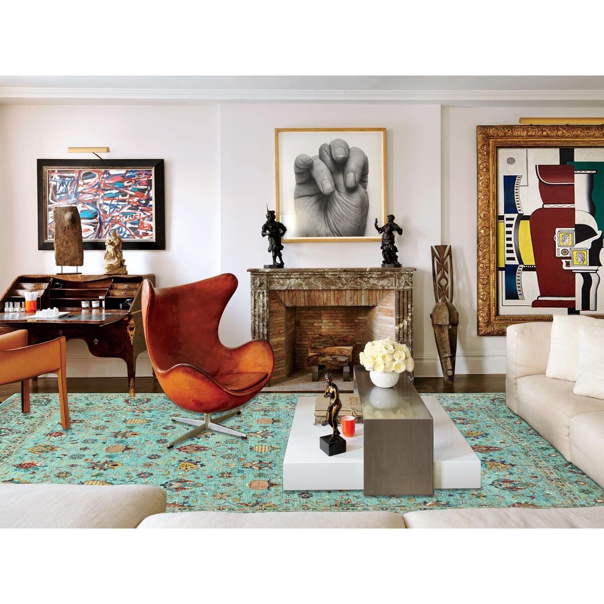 Shahbanu Rugs Jungle Green Afghan Peshawar Sultani All Over Pomegranate Design Natural Dyes Wool Hand Knotted Rug (10'1"x13'3")