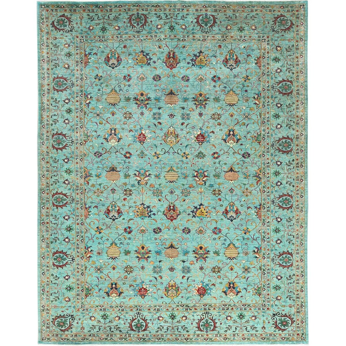Shahbanu Rugs Jungle Green Afghan Peshawar Sultani All Over Pomegranate Design Natural Dyes Wool Hand Knotted Rug (10'1"x13'3")