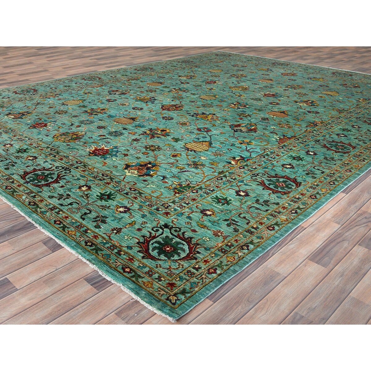 Shahbanu Rugs Jungle Green Afghan Peshawar Sultani All Over Pomegranate Design Natural Dyes Wool Hand Knotted Rug (10'1"x13'3")