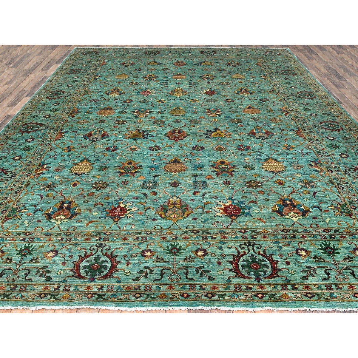 Shahbanu Rugs Jungle Green Afghan Peshawar Sultani All Over Pomegranate Design Natural Dyes Wool Hand Knotted Rug (10'1"x13'3")
