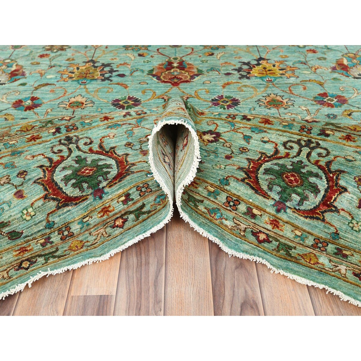 Shahbanu Rugs Jungle Green Afghan Peshawar Sultani All Over Pomegranate Design Natural Dyes Wool Hand Knotted Rug (10'1"x13'3")
