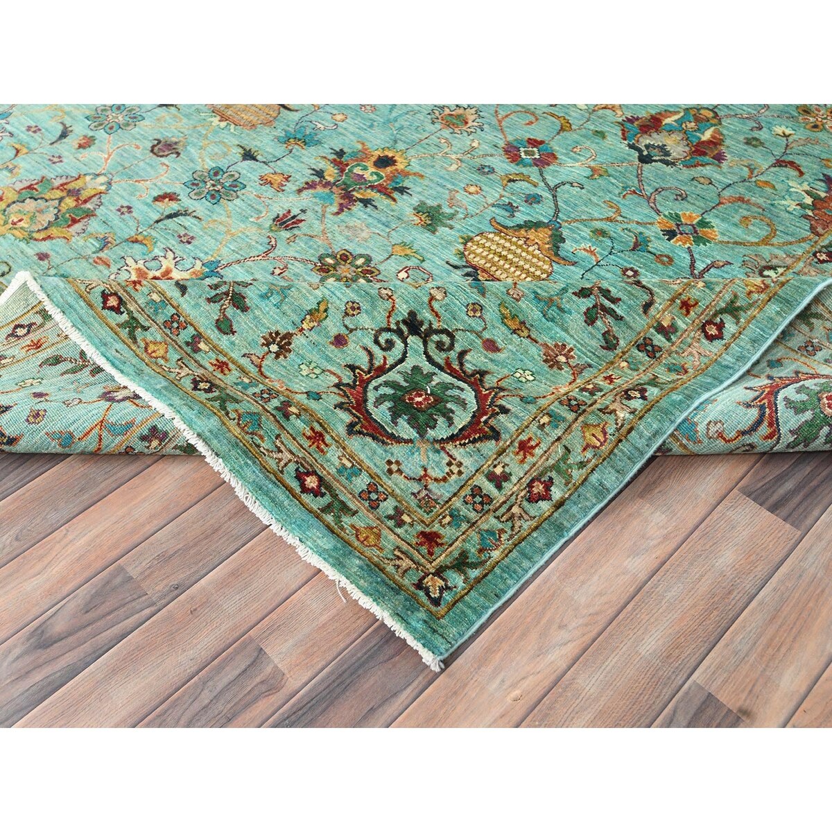 Shahbanu Rugs Jungle Green Afghan Peshawar Sultani All Over Pomegranate Design Natural Dyes Wool Hand Knotted Rug (10'1"x13'3")