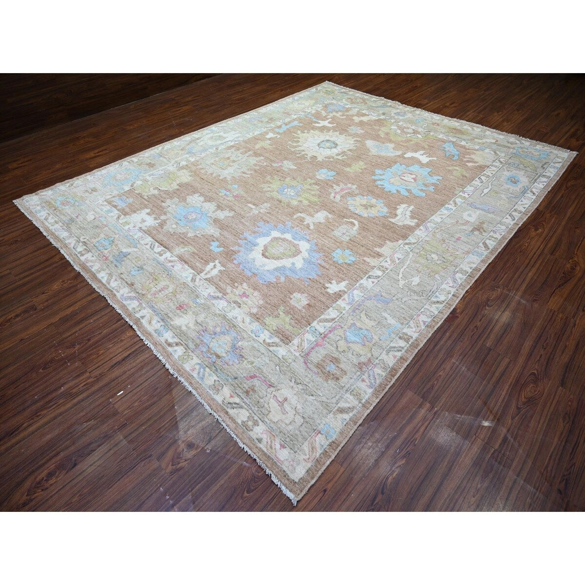 Shahbanu Rugs Khaki Brown, Hand Knotted Afghan Oushak with Large Motifs, Natural Dyes Pure Wool, Oriental Rug (9'1" x 11'6")