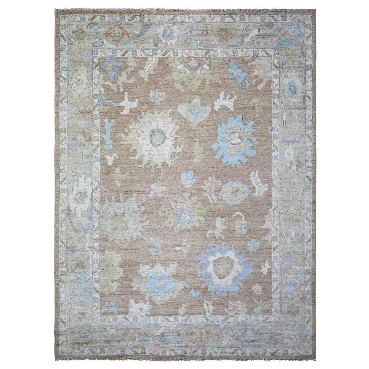 Shahbanu Rugs Khaki Brown, Hand Knotted Afghan Oushak with Large Motifs, Natural Dyes Pure Wool, Oriental Rug (9'1" x 11'6")