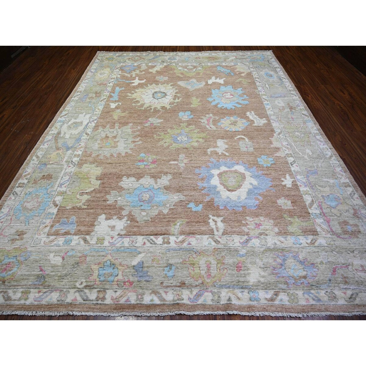 Shahbanu Rugs Khaki Brown, Hand Knotted Afghan Oushak with Large Motifs, Natural Dyes Pure Wool, Oriental Rug (9'1" x 11'6")