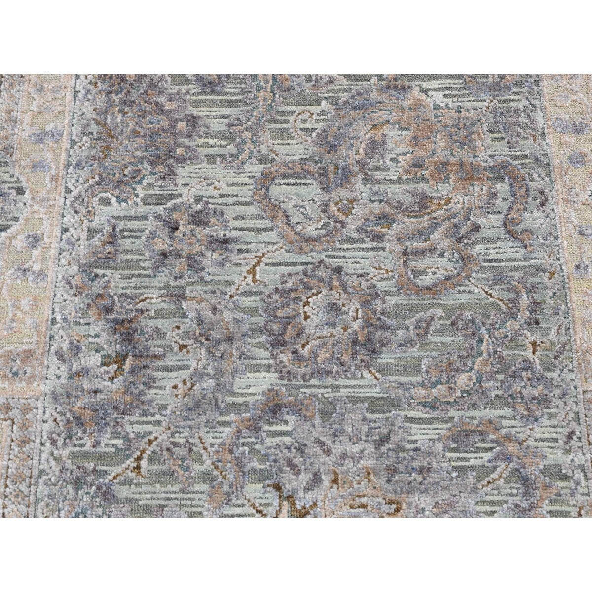 Shahbanu Rugs Laurel Green, Pure Silk with Textured Wool, Mughal Design, Hand Knotted, Runner Oriental Rug (2'5" x 8'1")