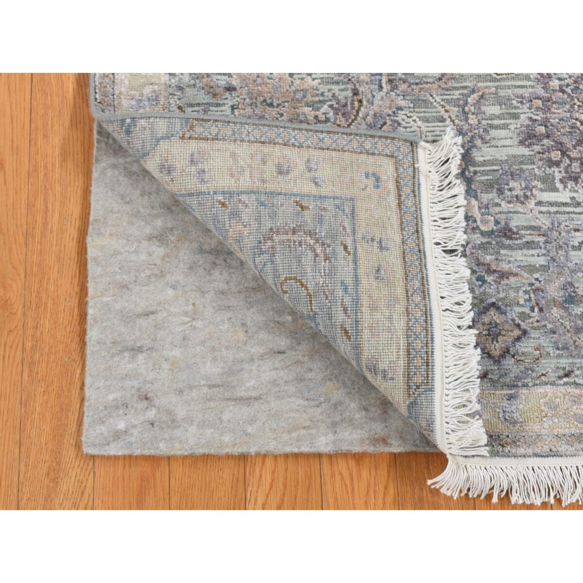 Shahbanu Rugs Laurel Green, Pure Silk with Textured Wool, Mughal Design, Hand Knotted, Runner Oriental Rug (2'5" x 8'1")