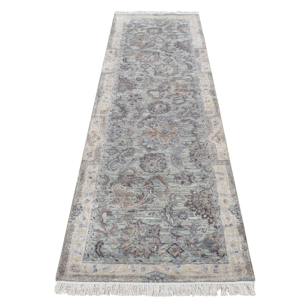 Shahbanu Rugs Laurel Green, Pure Silk with Textured Wool, Mughal Design, Hand Knotted, Runner Oriental Rug (2'5" x 8'1")