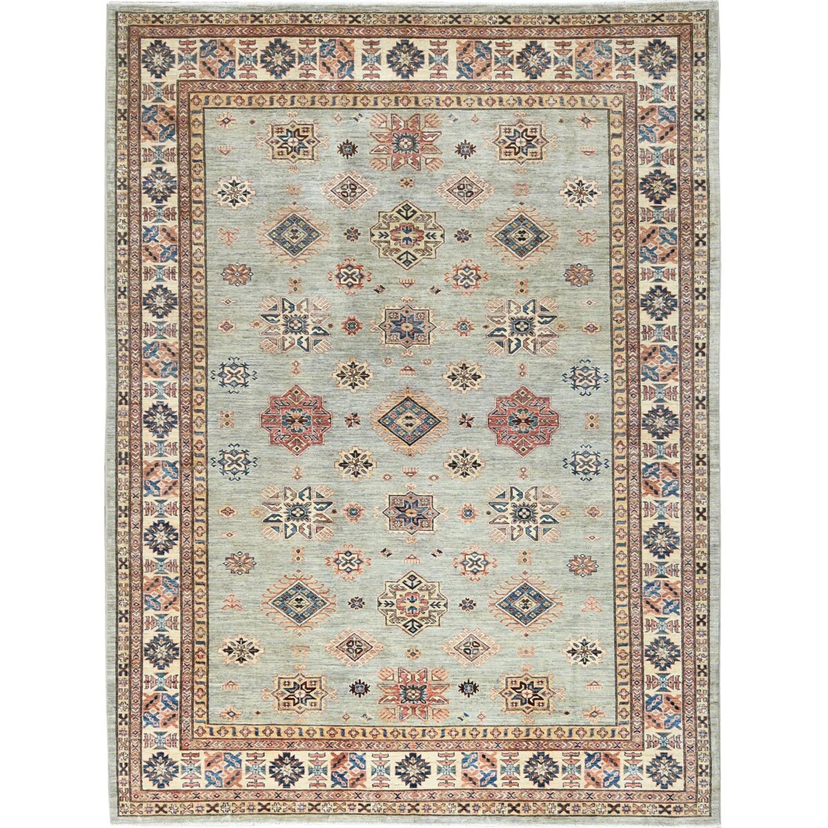 Shahbanu Rugs Light Gray Hand Knotted Afghan Super Kazak Tribal Medallions Natural Dyes Densely Woven Wool Oriental Rug 8'8"x12'